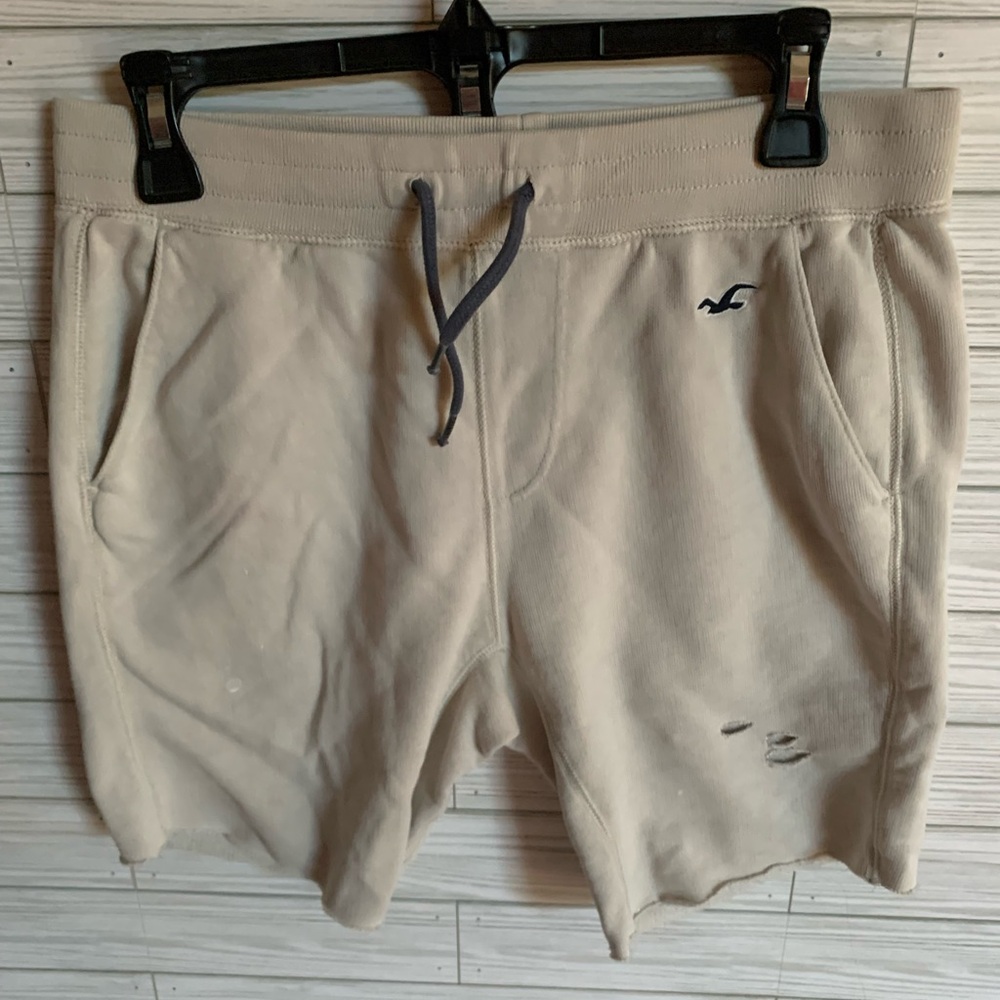 Hollister Men’s Tan Drawstring Sweat Shorts distressed